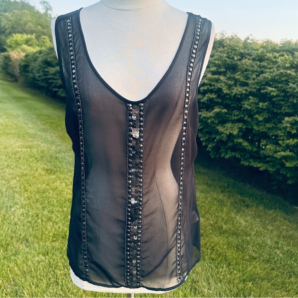 Ecote Sheer black tank with metallic beads and sequins